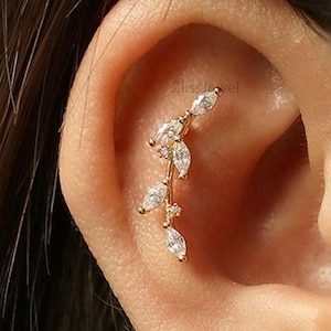 14k Solid Gold 16G helix piercing, Marquise Lab Grown Diamond leaf shaped cartilage piercing inner conch piercing climber screw back earring