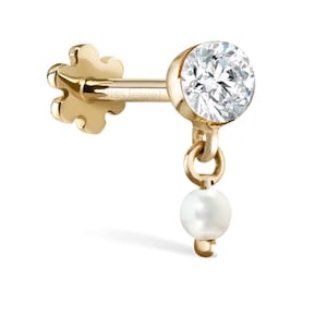 14k Solid Gold Invisible Set Diamond and Pearl Dangle Threaded Stud Earring Diamond & Cultured Pearl Dangle Single Stud Earring Piercing