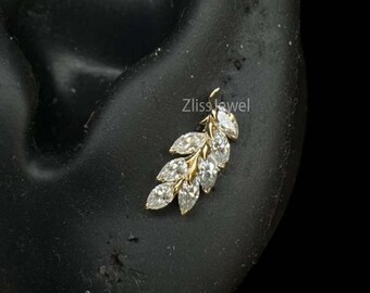 Elegante pendiente con forma de hoja de diamante marquesa, oro macizo de 14 quilates y diamantes cultivados en laboratorio, delicado pendiente trepador, regalo de joyería fina minimalista para mujer.