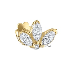 Diamond Engraved Lotus Threaded Stud Earring Yellow Gold Invisible Diamond Lotus, single Earrings with diamonds for Cartilage Piercing