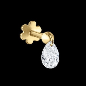 Pendiente con rosca y dije de diamante en forma de pera flotante Sabine, exclusivo juego de pendientes con rosca de 16 g y 18 g, pendiente con parte posterior plana y hélice de 14 k