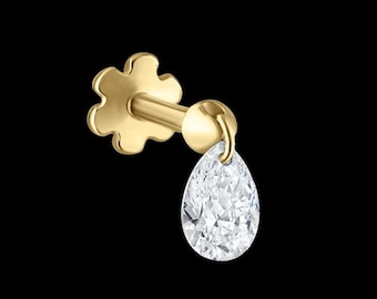 Sabine Floating Pear Diamond Charm Threaded Stud Earring Unique Ear Set Up 16g 18g Threaded Flatback Stud 14k Helix Flat Earring