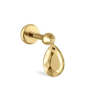 Faceted Gold Pear Threaded Charm Earring 14k solid gold faceting Floating pear cut diamond Threaded Flatback Stud Helix piercing For Her 16G
