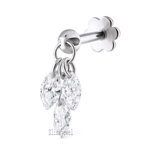 14K Solid Gold Marquise Dilled Diamond Dangle Stud Floating Diamond Plume Threaded Charm Earring Dainty Diamond Piercing For Her