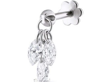 14K Solid Gold Marquise Dilled Diamond Dangle Stud Floating Diamond Plume Threaded Charm Earring Dainty Diamond Piercing For Her
