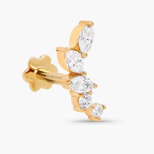 14k Solid Gold Helix diamond piercing cartilage leaf earrings, Marquise earrings, helix climber earrings, Curve flat back 16g labret for Her