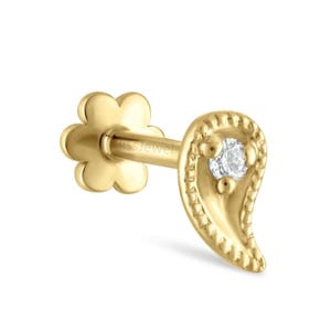 Brinco de pino com rosca Paisley e diamante, brinco curvo em forma de lágrima, ouro 14k, flor de diamante labial, rosca na parte traseira, piercing de concha na cartilagem