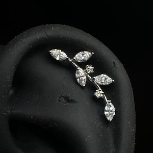 14k Solid Gold 16G helix piercing, Marquise Lab Grown Diamond leaf shaped cartilage piercing inner conch piercing climber screw back earring