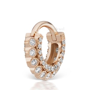 14k Gold Lab Grown Diamond Double-sided Apsara Hoop Earring two rows diamonds Piercing scalloped settings row of pavé Diamonds Clicker Ring