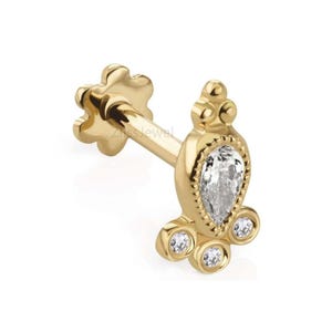 16Guage Diamond Delia Threaded Stud Earring scalloped set pear Lab Grown diamond 14k  solid gold threaded back Tragus Earring conch piercing
