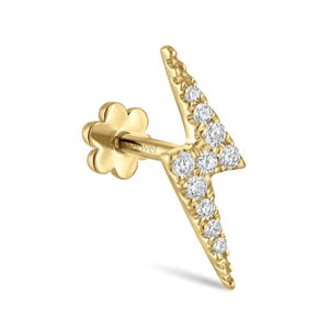 14k Solid Gold Lab Grown Diamond Lightning Bolt Threaded Stud Earring cartilage earring Stud/Tragus/Conch/Helix Piercing/Flat Back 16g