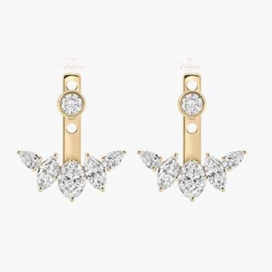 Lili 14K Solid Gold Marquise Diamond Ear Jacket Lotus Cluster Stud Earring Leaf Fan Bridal Jewelry Minimalist Front Push-Back Gift for Women