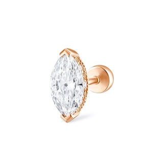 Single Marquise Diamond Threaded Stud Earring Marquise Lab Grown Diamond Earring with Internal Threaded Labret Helix lobe Piercing 14k Gold