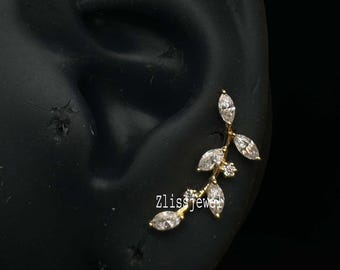 14k massief gouden 16G helixpiercing, marquise labgekweekte diamant, bladvormig kraakbeenpiercingknopje voor binnenoorschelppiercing, klimoorbel met schroefsluiting.