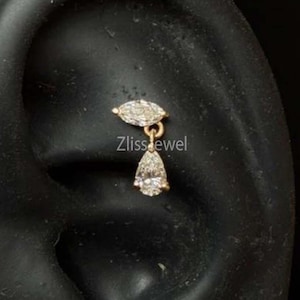 14K Yellow Gold marquise cut Lab-Grown Diamond drop Cartilage Threaded Stud earring Pear Floating Diamond For Helix Tragus Piercing For Her