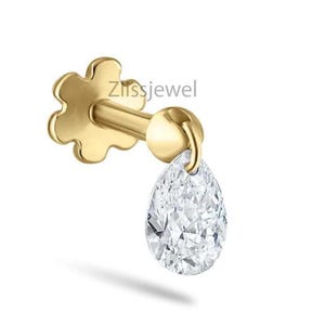 Ariella Ohrstecker aus massivem Gold mit birnenförmigem Labordiamanten, 16g, Gewinde, flacher Verschluss, minimalistischer Schmuck für Knorpelpiercings