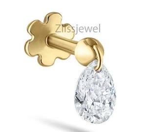 Ariella Solid Gold Pear Lab Diamond Dangle Helix Stud 16g Threaded Flatback Stud Earring Cartilage Piercings, minimalist jewelry for her