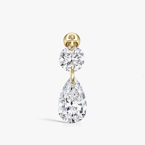 Pendiente con dije de doble diamante flotante roscado, pendiente con doble diamante para mujer, piercing de diamante en forma de pera en oro macizo de 14 k, regalo para ella
