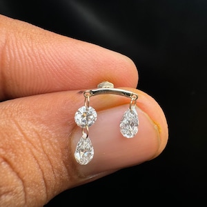 Shirley Double Floating Pear and Round Diamond Drape Helix 14K Gold Piercing, Unique Ear Set Up 16g 18g 20g Threaded Flatback Stud