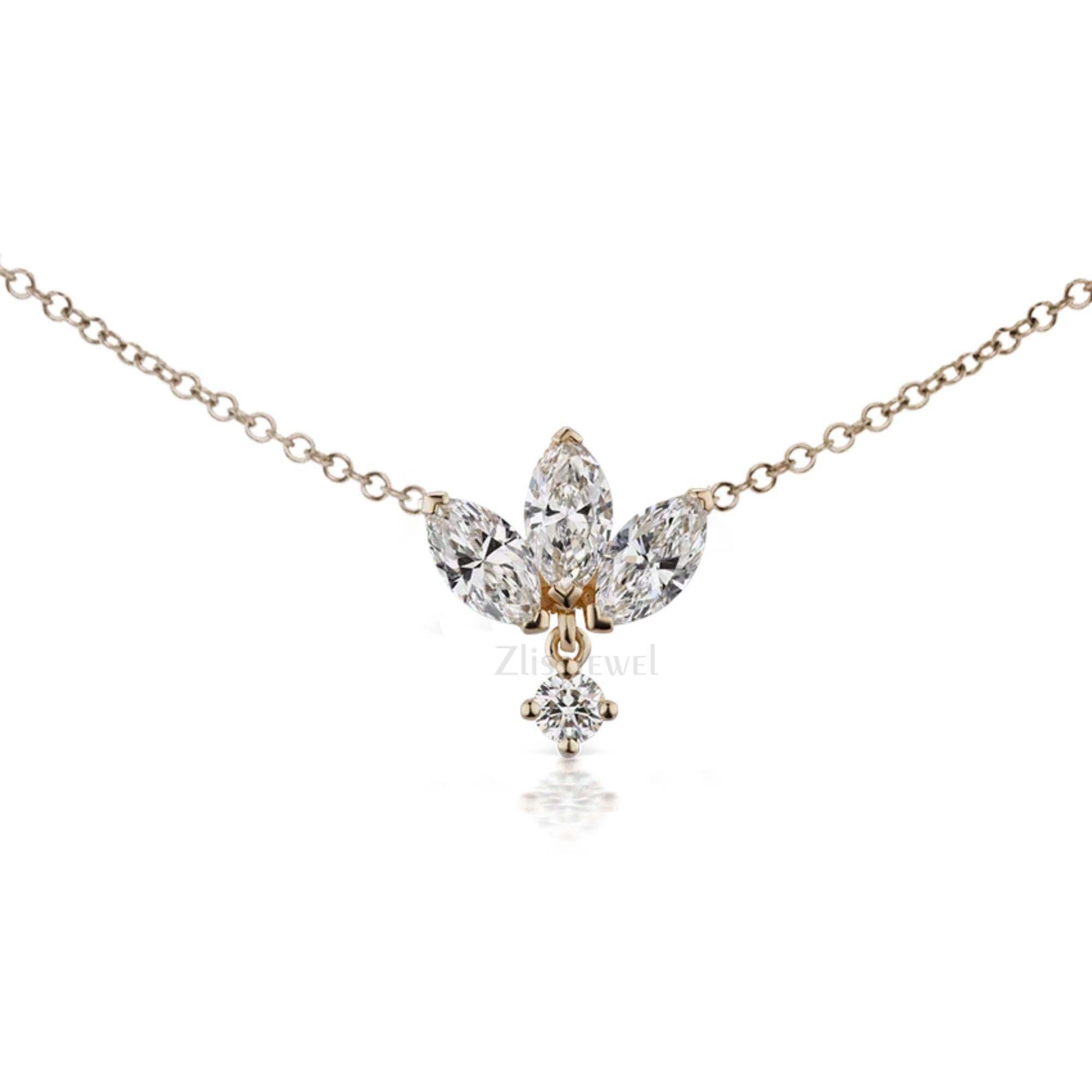 Celebrity style Large Engraved Diamond Lotus with Diamond Dangle Necklace 14K Gold Invisible Set Necklace Marquise Labgrown Diamond Necklace