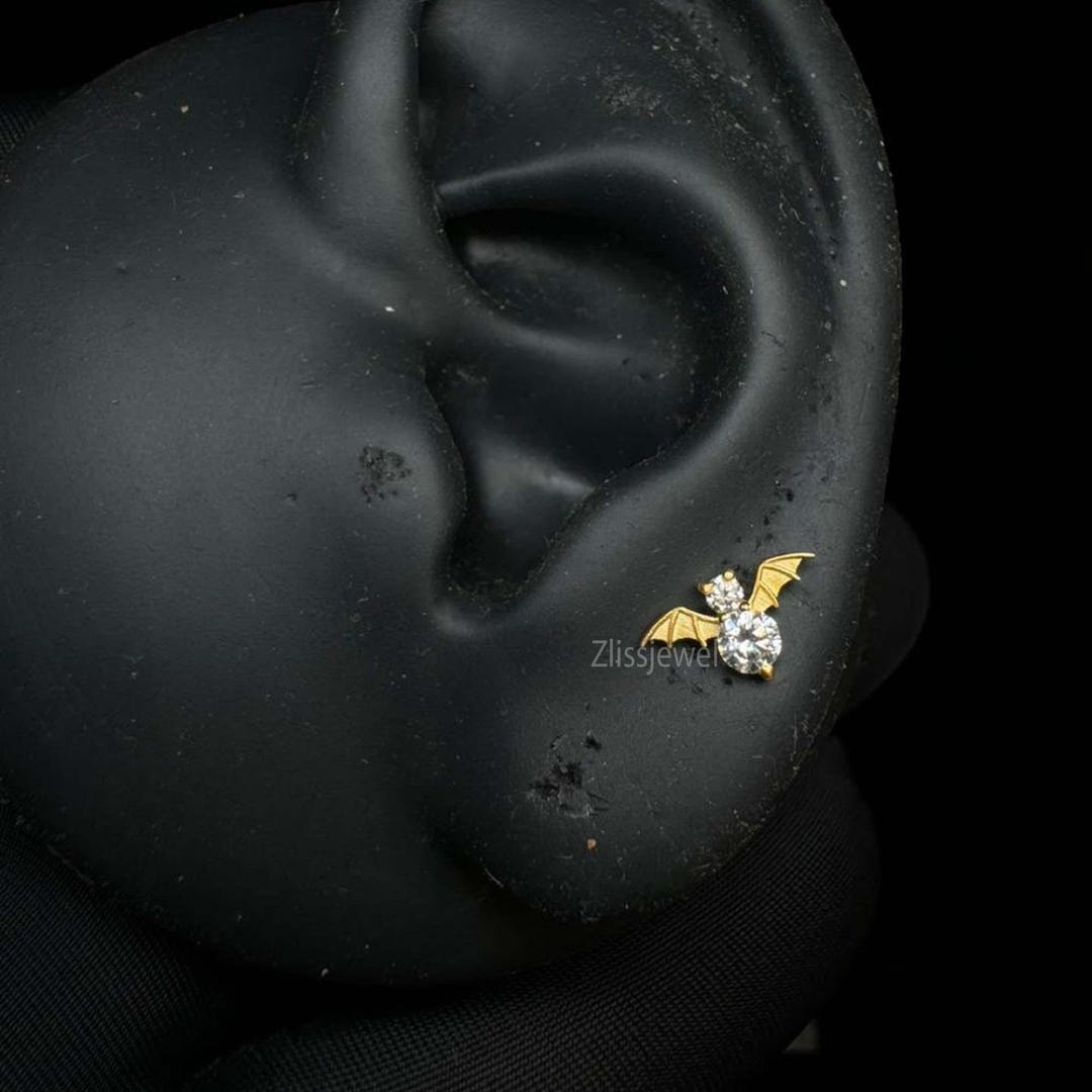14K Yellow Gold Bat Piercing Flying Bat Helix Stud Earring Round ...