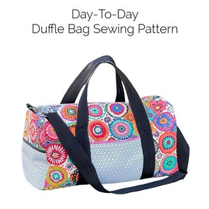 Easy PDF sewing pattern for instant download featuring bright woven fabric with black webbing handles. The side exterior pocket is shown. Three size options.