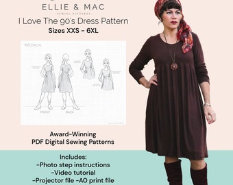 Patrón de costura para vestido baby doll de los 90: tallas XXS-6XL (PDF digital)