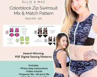 Swimsuit sewing pattern - Sizes XXS - 5XL - Digital PDF sewing pattern - Projector A0 A4 US letter files - Two piece Swimwear pattern