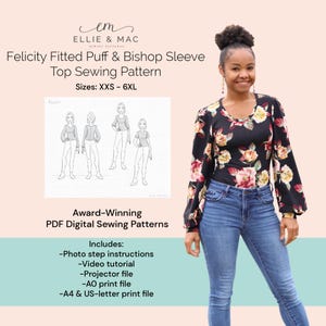 Puede incluir: Un patrón de costura digital para una blusa ajustada con mangas abullonadas y obispo. El patrón incluye instrucciones paso a paso con fotos, un tutorial en video, un archivo de proyector, un archivo de impresión A0 y archivos de impresión A4 y US-letter. El patrón está disponible en tallas XXS-6XL.