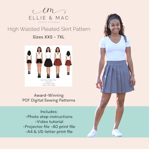 High waisted pleated skirt pattern - Sizes XXS - 7XL - Digital PDF sewing pattern - Projector A0 A4 US letter files - Ellie and Mac