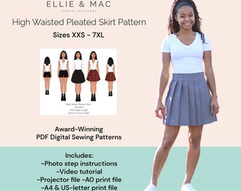 High waisted pleated skirt pattern - Sizes XXS - 7XL - Digital PDF sewing pattern - Projector A0 A4 US letter files - Ellie and Mac