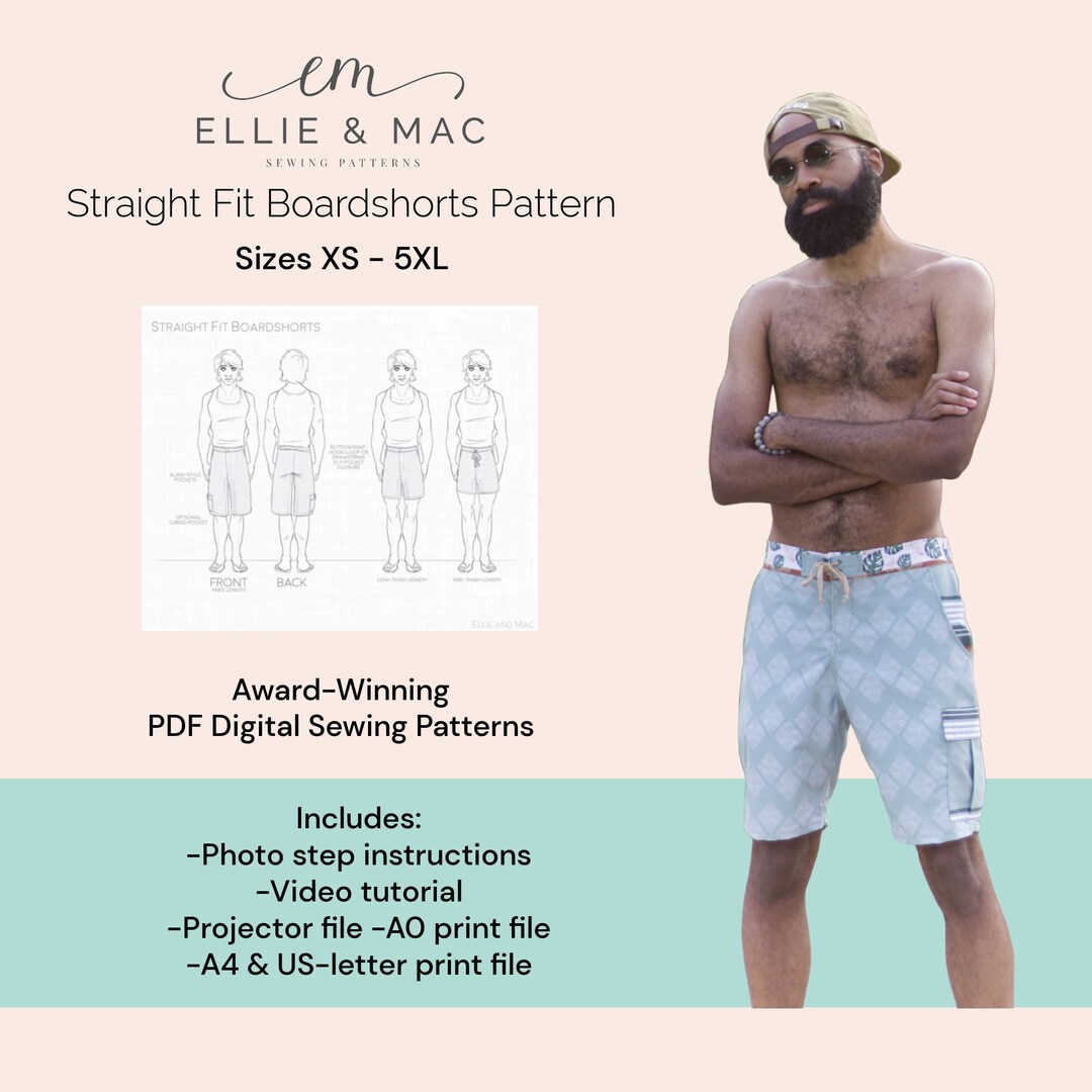 Boardshorts Sewing Pattern Ten Sizes XS 5XL Digital PDF Sewing Pattern