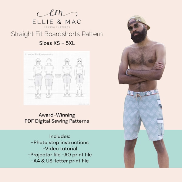 Boardshorts sewing pattern - Ten sizes XS - 5XL - Digital PDF sewing pattern - Projector A0 A4 US letter files - Swimwear pattern