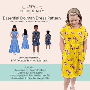 Kinder Dolman Kleid Schnittmuster: Grundlegendes Design, drei Größentabellen (PDF)