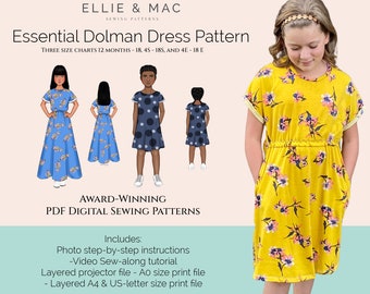 Kinder Dolman Kleid Schnittmuster: Grundlegendes Design, drei Größentabellen (PDF)