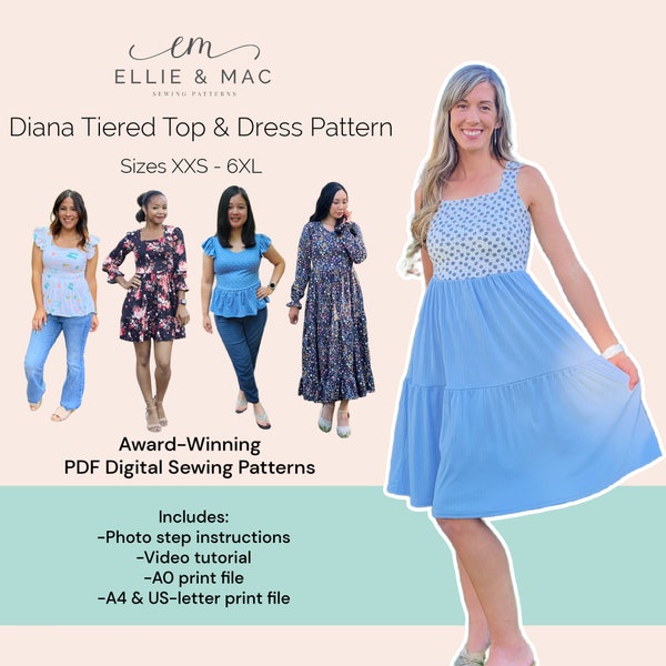 Tiered dress sewing pattern - Sizes XXS - 6XL - Digital PDF sewing pattern - Projector A0 A4 US letter files - Peplum top pattern