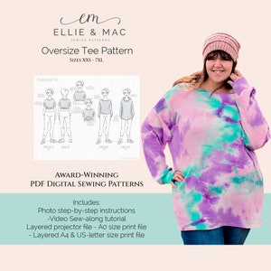 Patrón de costura fácil para camisetas oversize - 13 tallas XXS - 7XL - Patrón de proyector - Archivos de carta A0 A4 de EE. UU. - Patrón de costura en PDF - PDF de costura de suéter