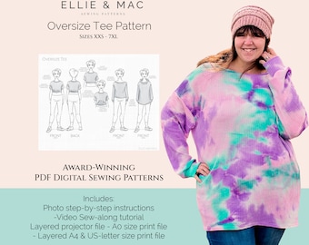Oversize Tee Sewing Pattern: Beginner Knit Top (XXS-7XL) (PDF Pattern)