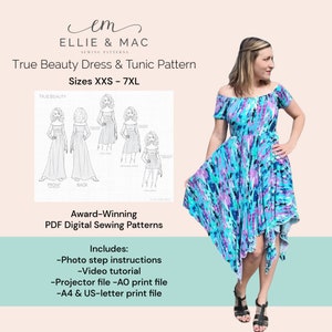 Off Shoulder Dress & Tunic Sewing Pattern (XXS - 7XL) - Ellie and Mac PDF - Easy DIY Top - Video Tutorial - Instand Download