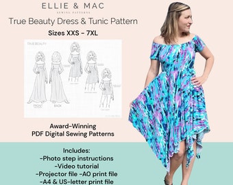 Off Shoulder Dress + Tunic sewing pattern with video tutorial sizes XXS - 7XL | Ellie and Mac Patterns | Instant Download PDF sewing pattern