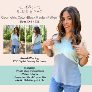 Color Block Raglan Sleeve Pattern - PDF sewing pattern - Sizes XXS - 7XL - Beginner sewing - Easy Tee Pattern - A0 A4 US Letter Projector