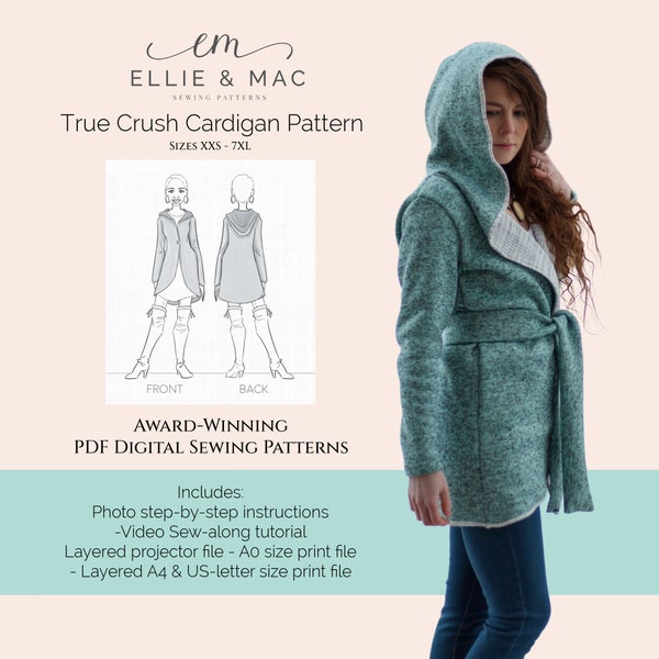 True Crush cardigan pattern | Wrap jacket with oversize hood pattern | 13 sizes XXS - 7XL | PDF sewing pattern | Ellie and Mac