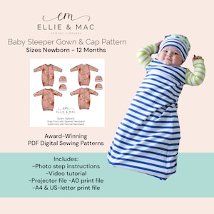 Baby Schlafkleid & Mütze Schnittmuster: Neugeborene bis 12 Monate (Digital PDF)