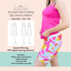 Può includere: Un cartamodello digitale per slip shorts lisci anti-sfregamento. Il cartamodello include istruzioni passo passo con foto, un tutorial video e file di stampa in formato A0, A4 e US-letter. Il cartamodello è disponibile nelle taglie XXS-6XL.