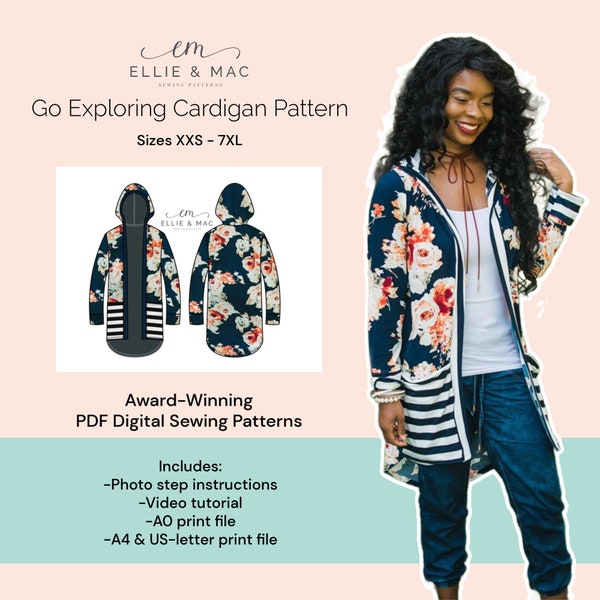 Exploring curved hem cardigan sewing pattern | Projector Pattern | 13 sizes XXS - 7XL | PDF sewing pattern | Ellie and Mac | Craft project