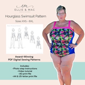 May include: A digital sewing pattern for a swimsuit with a floral print. The pattern is available in sizes XXS to 6XL. The pattern includes photo step instructions, a video tutorial, an A0 print file, and an A4 and US-letter print file.