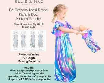 Kids Maxi Dress Sewing Pattern, 11 Sizes and 18 inch doll,  PDF Pattern Instant Download, Video Tutorial, Easy Sewing Pattern, Projector