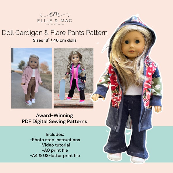 18 inch doll cardigan + pants pattern - PDF sewing pattern - Projector A0 A4 US letter files - Ellie and Mac - Easy doll clothing pattern