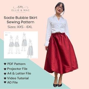 Puede incluir: Una mujer con una falda abullonada roja y una camisa blanca. La imagen incluye un patrón de costura titulado "Sadie Bubble Skirt Sewing Pattern" con tallas XXS - 6XL. El patrón incluye opciones de archivo PDF, proyector, A4 y carta, tutorial en video y AO.