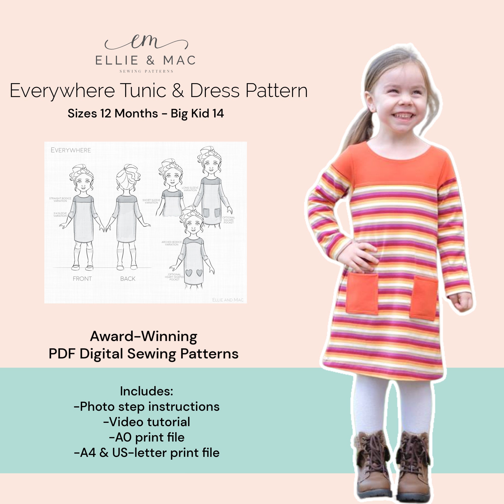 Kids Knit Tee Dress Sewing Pattern: Beginner Friendly (PDF Pattern)